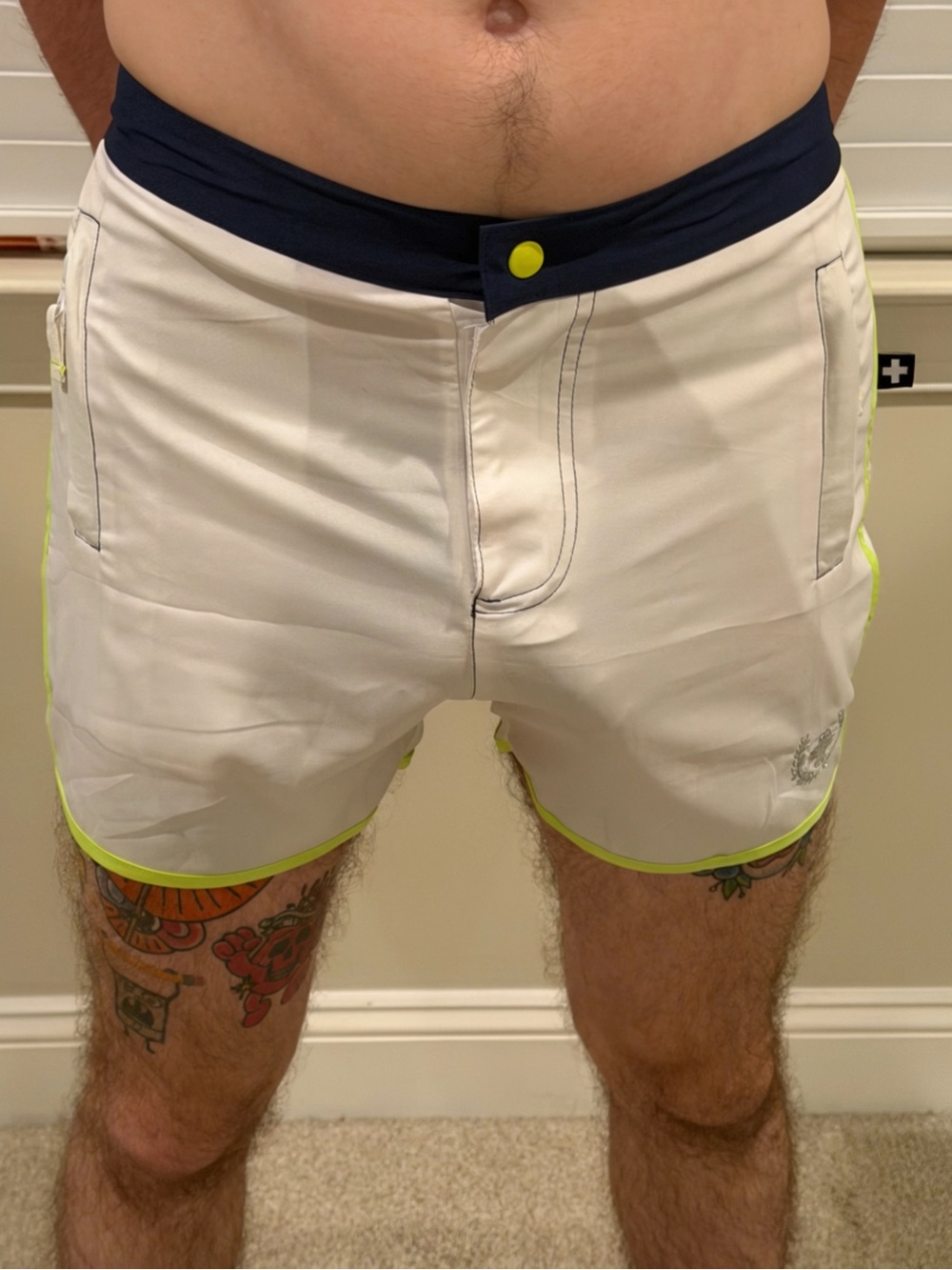Men's Vintage Andrew Christian White Swim Shorts Navy Waistband Neon Trim 30W